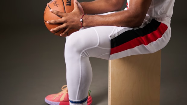 Portland Trail Blazers guard Scoot Henderson poses for a picture on Media Day.